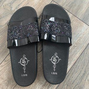 NEW SOLE MATES BLACK SPARKLY SLIDE SANDALS L 8/9